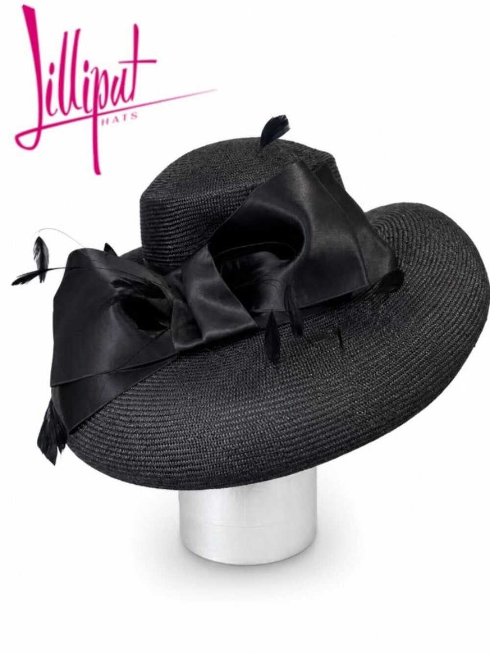 Lilliput Black Wide Brim Hat Satin Bow Feather Occasion Fascinator